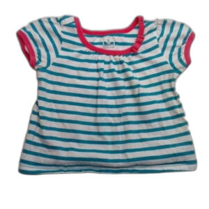 Old Navy Baby Girl Shortsleeve Blouse White Teal Stripes Pink Accents Bow 6-12Mo